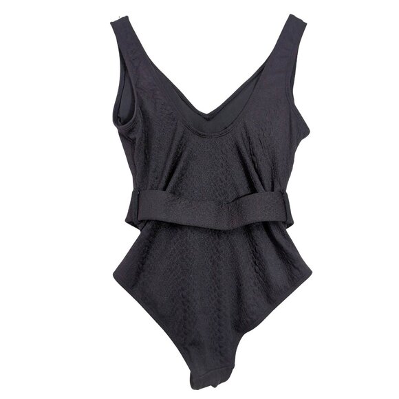 Stylish Swimwear One‎ Piece Swimsuit Womens S Black Textured Belted V-Neck Beach - Picture 2 of 9
